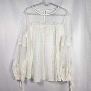 Womens White Lace Mesh Sheer Blouse Large Top Boho Romantic Cottagecore Coquette